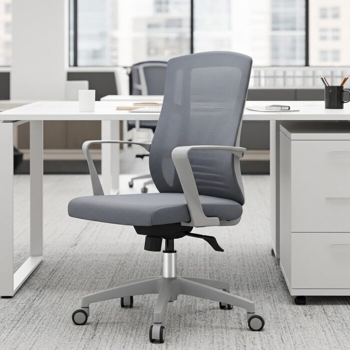 Chaise de Bureau Ergonomique en Maille Grise avec Accoudoirs Fixes et Roulettes – Image 5