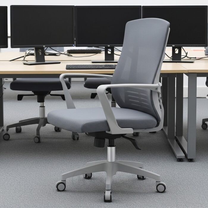 Chaise de Bureau Ergonomique en Maille Grise avec Accoudoirs Fixes et Roulettes – Image 8