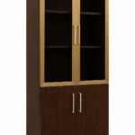 Armoire de rangement bureau en bois foncé avec portes vitrées dorées