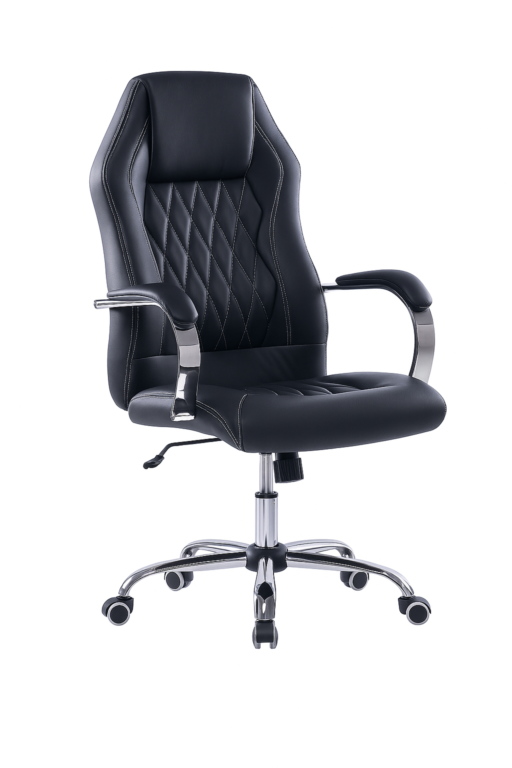 Chaise de bureau ergonomique similicuir noir coutures losange dossier haut accoudoirs rembourrés base chromée BigOffice.ma Maroc