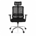 Chaise de bureau ergonomique en mesh noir avec appui-tête réglable et piètement chromé