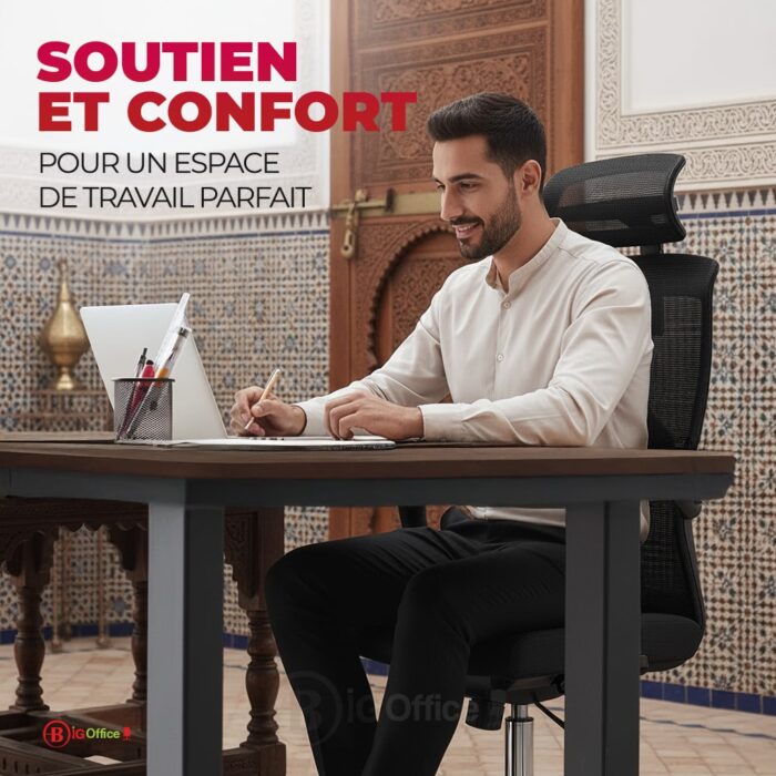 Chaise de bureau ergonomique en mesh noir avec appui-tête et piètement chromé – Image 4