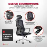 Chaise de bureau ergonomique en mesh noir avec appui-tête et piètement chromé – Image 5