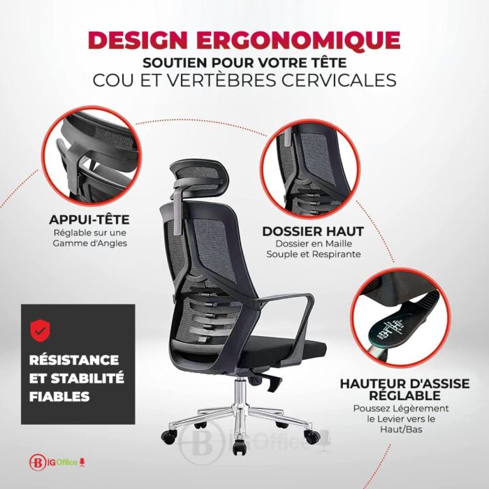Chaise de bureau ergonomique en mesh noir avec appui-tête et piètement chromé – Image 5