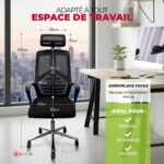 Chaise de bureau ergonomique en mesh noir avec appui-tête et piètement chromé – Image 3