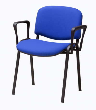 Chaise visiteur de bureau en tissu bleu avec accoudoirs démontables et structure métallique solide.
