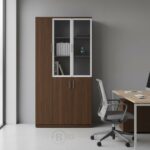 Bibliothèque de Bureau 3 Portes – Finition Bois Foncé avec Portes Vitrées et Pleines – Image 2