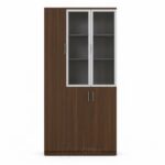 Bibliothèque de Bureau 3 Portes – Finition Bois Foncé avec Portes Vitrées et Pleines