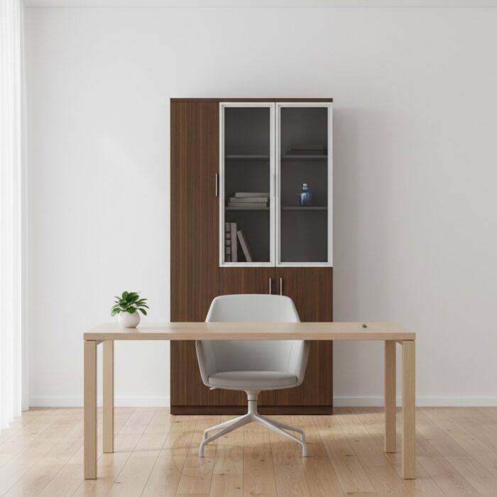 Bibliothèque de Bureau 3 Portes – Finition Bois Foncé avec Portes Vitrées et Pleines – Image 4