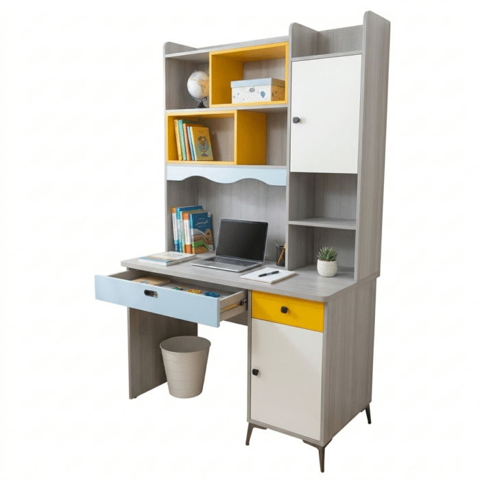 Bureau Élève Moderne avec Rangements Colorés – Bois Clair, Jaune & Bleu – Image 2