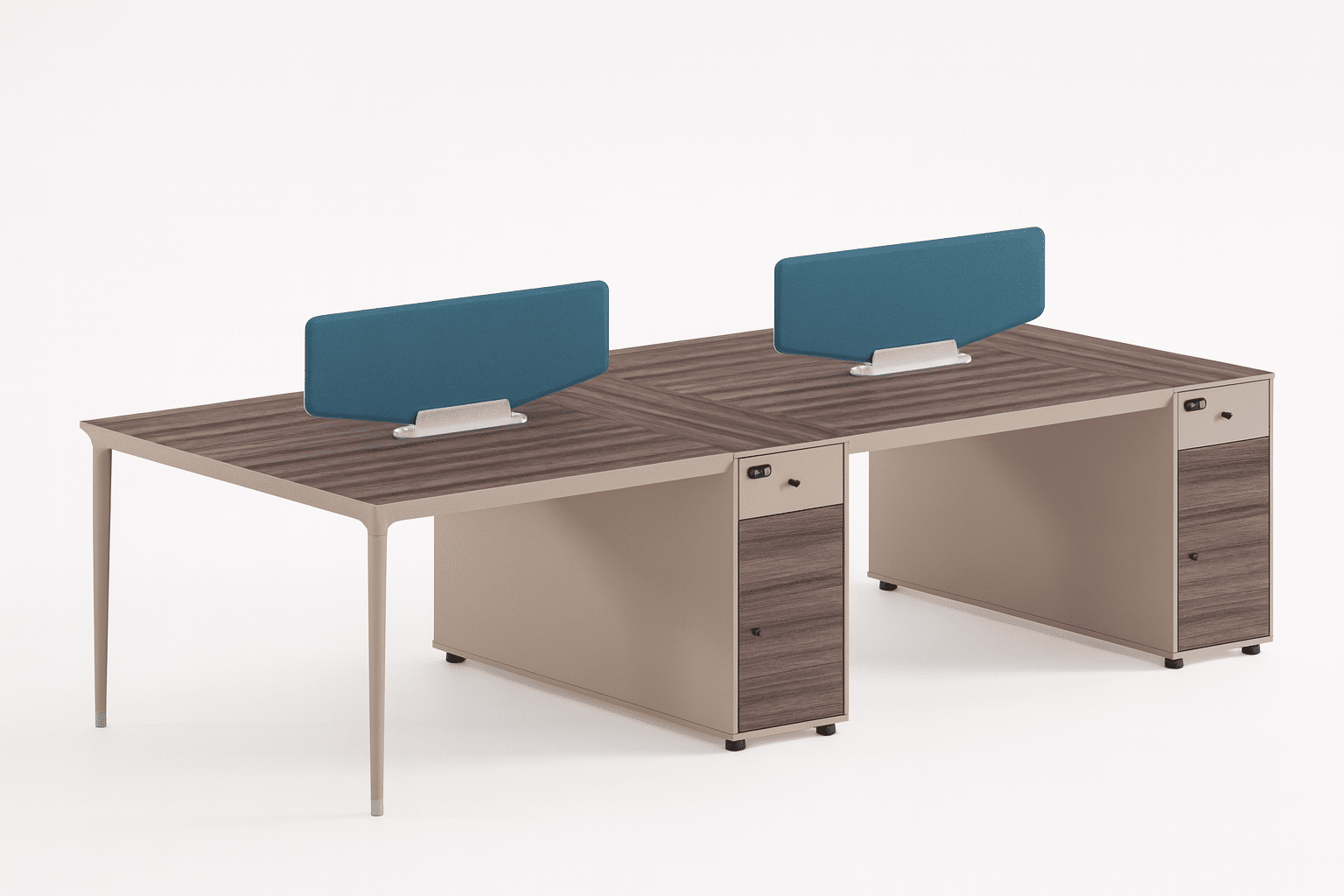 Bureau bench 4 places avec cloison bleue, plateau bois et structure beige – mobilier de bureau moderne Big Office Maroc