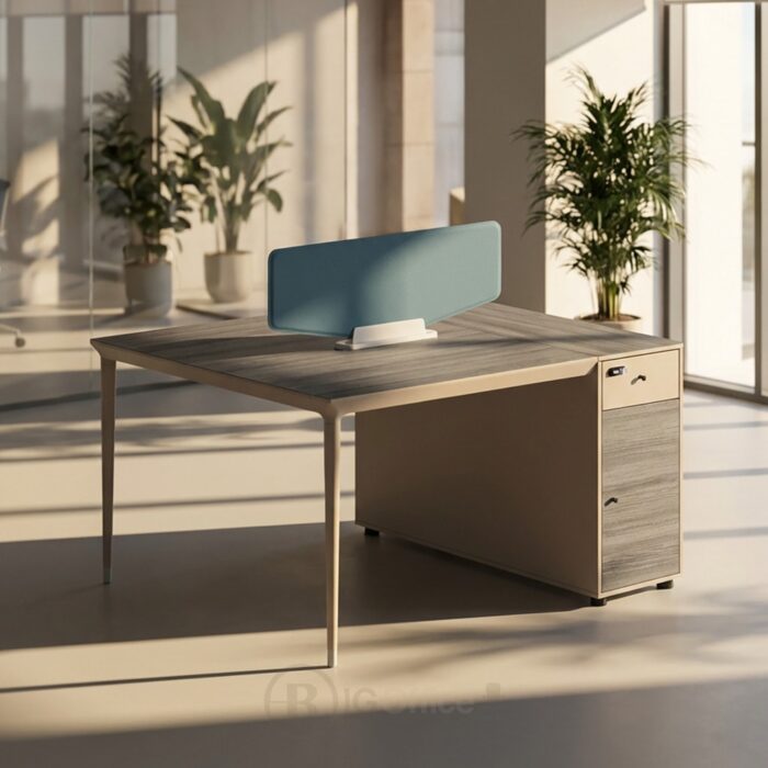 Bureau opérateur 2 postes avec cloison en tissu – 140x120x75 cm – Image 2