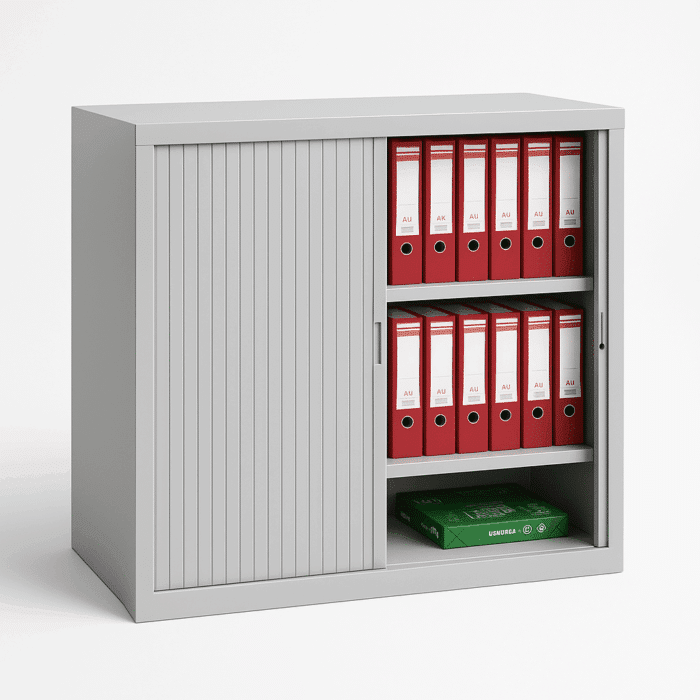 Armoire de Bureau Métallique à Rideaux – 100 x 120 x 45 cm – Gris Clair, avec Serrure – Image 2