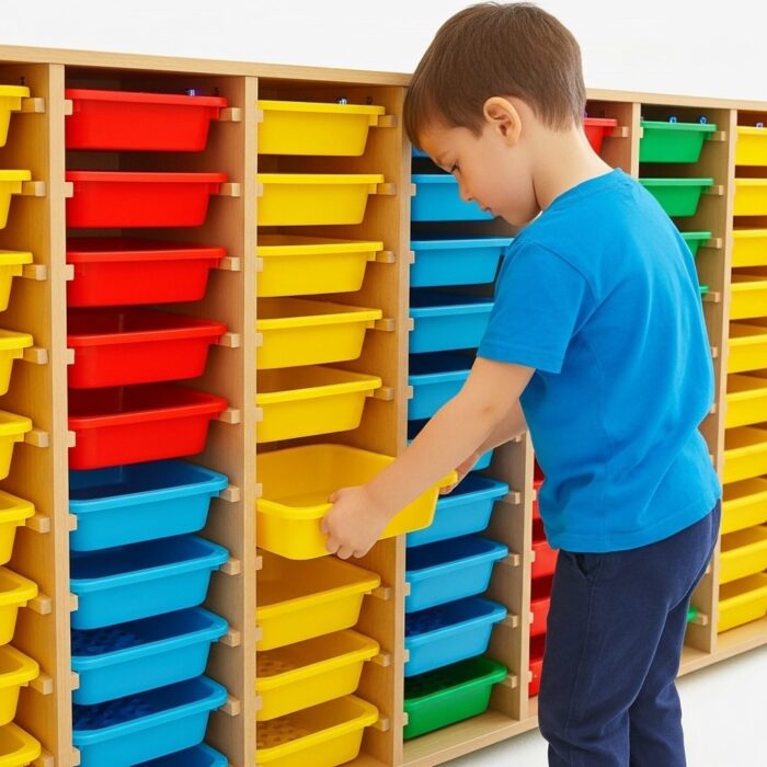 Armoire pédagogique avec bacs de rangement multicolores – 60 bacs – Image 7