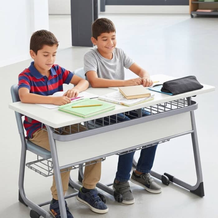 Table scolaire double avec sièges intégrés et étagères de rangement – Image 4