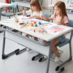 Table scolaire double avec sièges intégrés et étagères de rangement – Image 5