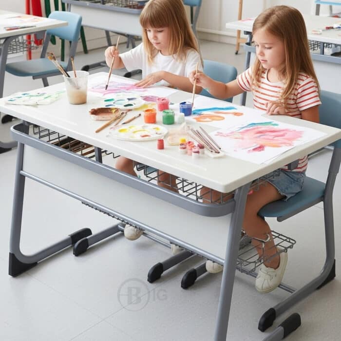 Table scolaire double avec sièges intégrés et étagères de rangement – Image 5