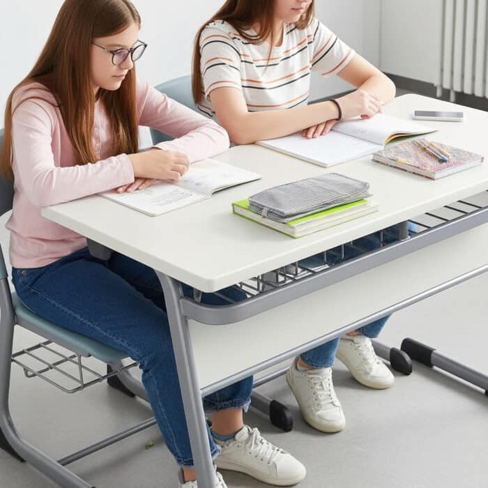 Table scolaire double avec sièges intégrés et étagères de rangement – Image 7