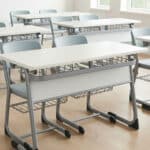 Table scolaire double avec sièges intégrés et étagères de rangement – Image 3