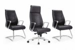 Fauteuil de direction avec 2 chaises visiteurs – Simili cuir noir, structure chromée