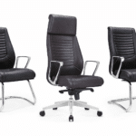 Fauteuil de direction avec 2 chaises visiteurs – Simili cuir noir, structure chromée
