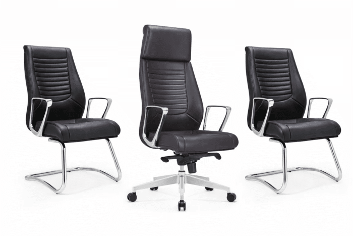Fauteuil de direction avec 2 chaises visiteurs – Simili cuir noir, structure chromée – Image 3