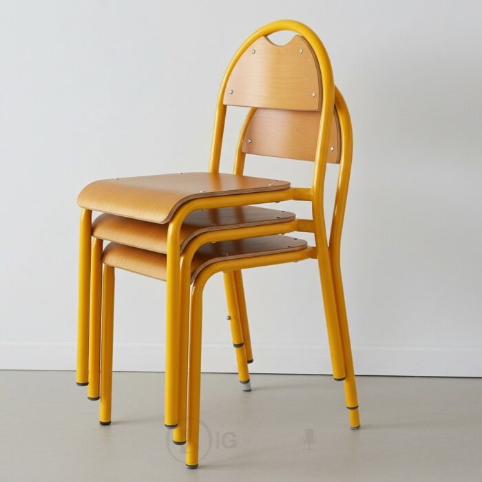 Chaise scolaire classique – structure jaune avec assise et dossier en bois – Image 4