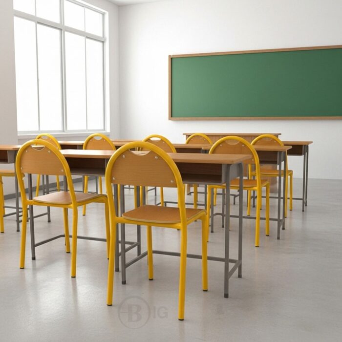 Chaise scolaire classique – structure jaune avec assise et dossier en bois – Image 3
