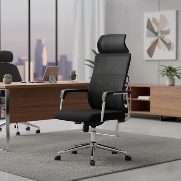 Chaise de bureau ergonomique en mesh avec appui-tête - Fauteuil direction respirant, assise confort, piètement chromé – Image 7