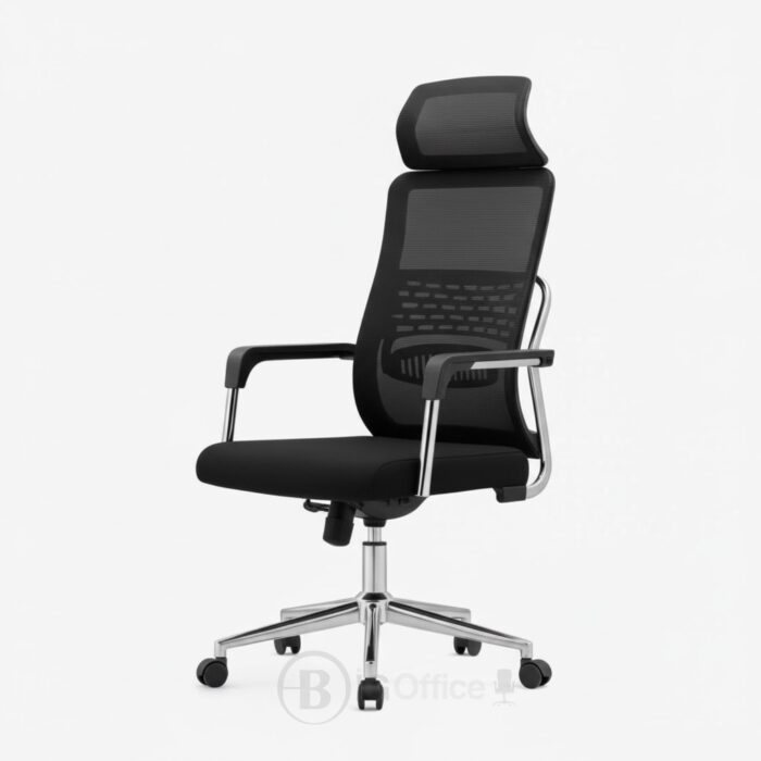 Chaise de bureau ergonomique en mesh avec appui-tête - Fauteuil direction respirant, assise confort, piètement chromé – Image 3