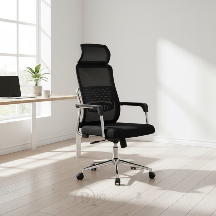 Chaise de bureau ergonomique en mesh avec appui-tête - Fauteuil direction respirant, assise confort, piètement chromé – Image 6