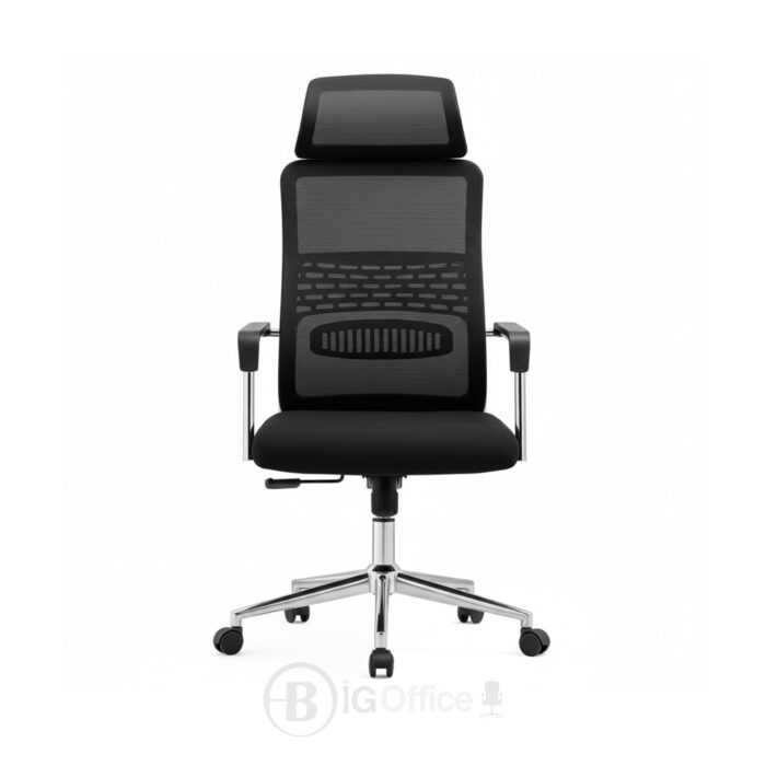Chaise de bureau ergonomique en mesh avec appui-tête - Fauteuil direction respirant, assise confort, piètement chromé – Image 2