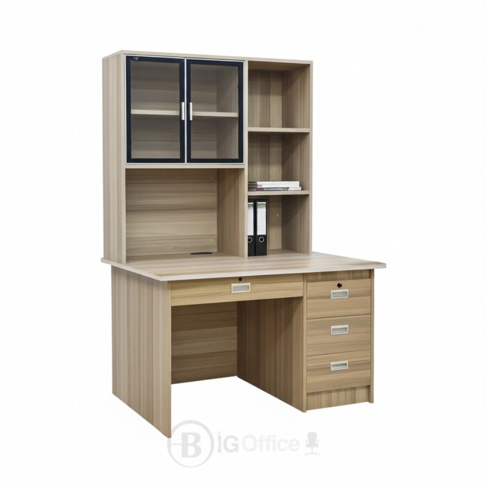 Bureau avec étagère intégrée en bois clair – rangements pratiques (tiroirs & vitrine) – Image 2