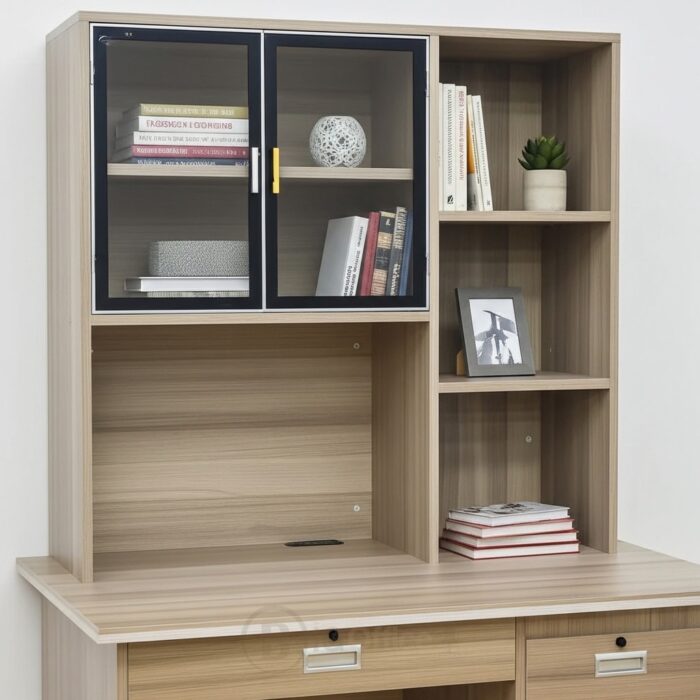 Bureau avec étagère intégrée en bois clair – rangements pratiques (tiroirs & vitrine) – Image 4