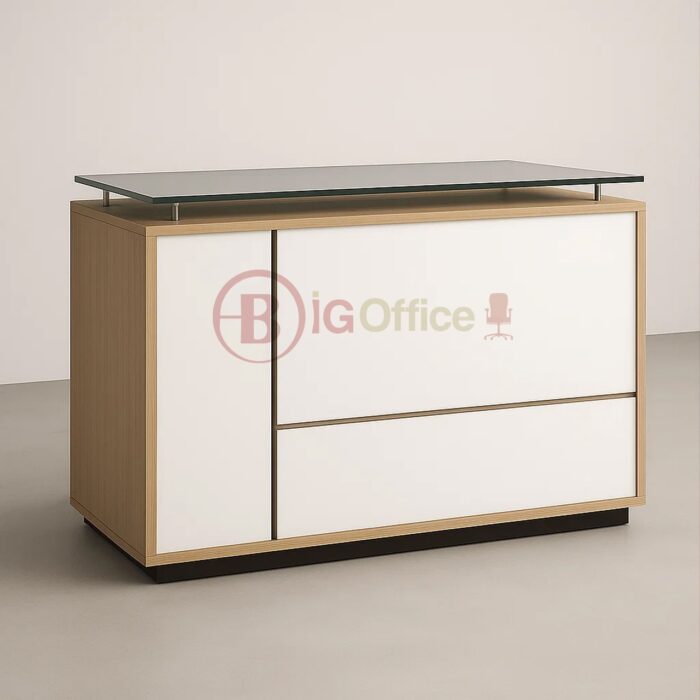 Comptoir d’accueil moderne avec plateau en verre – finition blanche et bois naturel – Image 2