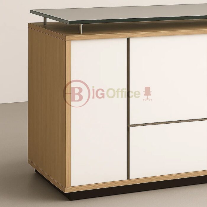 Comptoir d’accueil moderne avec plateau en verre – finition blanche et bois naturel – Image 3