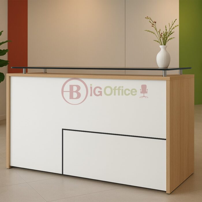 Comptoir d’accueil moderne avec plateau en verre – finition blanche et bois naturel – Image 4