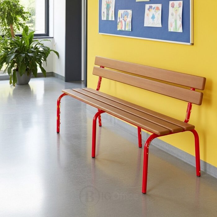 Banc Scolaire avec Dossier – Métal Rouge et Bois – Image 3