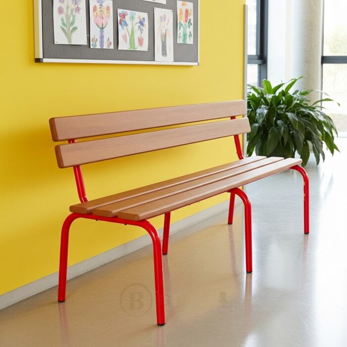 Banc Scolaire avec Dossier – Métal Rouge et Bois – Image 2