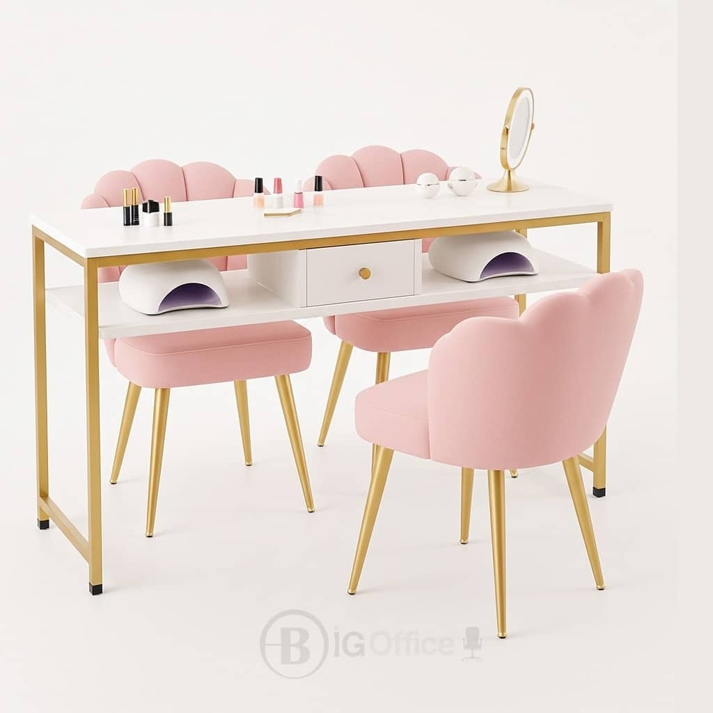 Table de manucure double luxe avec chaises roses - Big Office Maroc