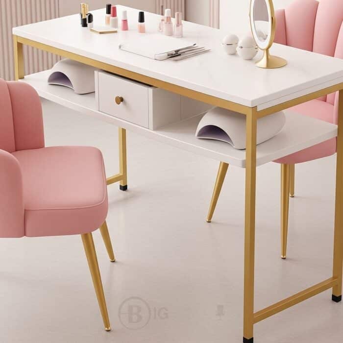Table de manucure double avec plateau en marbre blanc et chaises roses confort – Design élégant et professionnel – Image 2