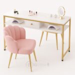 Table de manucure double avec plateau en marbre blanc et chaises roses confort – Design élégant et professionnel