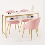Table de manucure double avec plateau en marbre blanc et chaises roses confort – Design élégant et professionnel – Image 3
