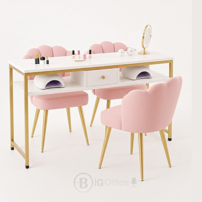 Table de manucure double avec plateau en marbre blanc et chaises roses confort – Design élégant et professionnel – Image 3