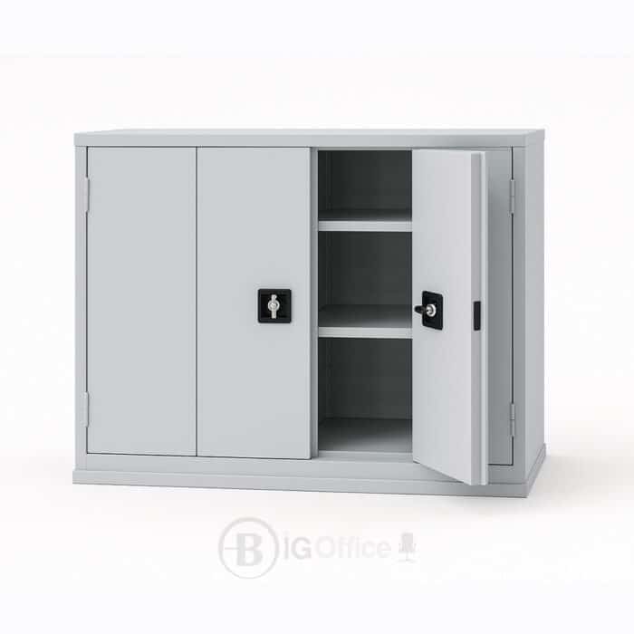 Armoire métallique basse à portes pliantes avec serrure – 2 étagères réglables – 1000x1200x450 mm – Gris clair – Image 2