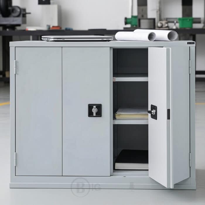 Armoire métallique basse à portes pliantes avec serrure – 2 étagères réglables – 1000x1200x450 mm – Gris clair – Image 4