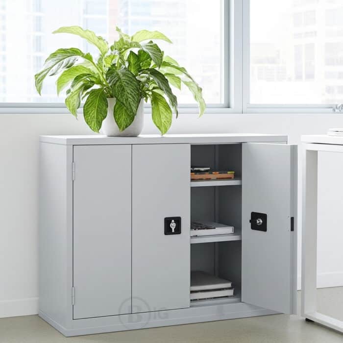 Armoire métallique basse à portes pliantes avec serrure – 2 étagères réglables – 1000x1200x450 mm – Gris clair – Image 5