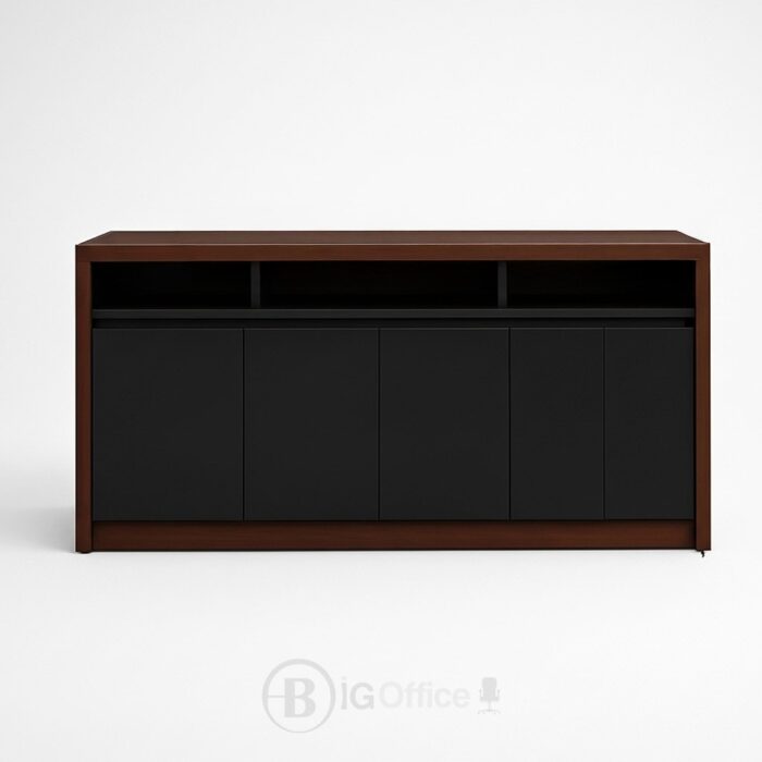 Bahut de Bureau Moderne Bois et Noir – 4 Portes avec Niche Ouverte – Image 2