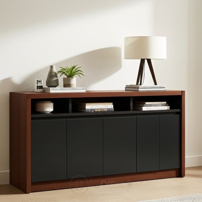 Bahut de Bureau Moderne Bois et Noir – 4 Portes avec Niche Ouverte – Image 4