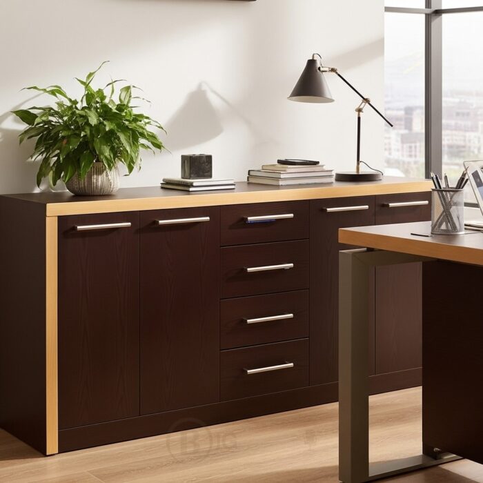 Bahut de Rangement Bureau – 4 Tiroirs & 4 Portes en Bois Foncé avec Finition Contrastée – Image 4